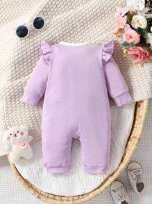 Baby Cartoon Graphic Ruffle Trim Contrast Binding Jumpsuit - Purple - View 2