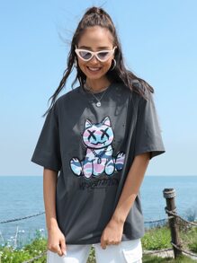 Manfinity 1 pieza Camiseta de hombros caídos con estampado de dibujos animados - Gris Oscuro - Ver 3