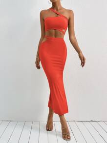 Chiquease One Shoulder Crop Top & Split Thigh Skirt - Coral Orange - View 4