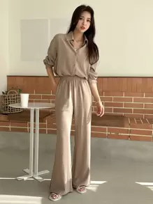 DAZY Bộ đồ mặc nhà công sở trơn màu dành cho nữ (2 món) - Màu Khaki - Xem 1