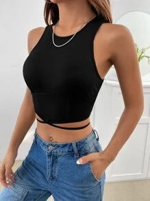Muchica Solid Criss Cross Tie Back Crop Tank Top - Black - View 4