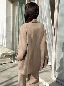 DAZY Bộ đồ mặc nhà công sở trơn màu dành cho nữ (2 món) - Màu Khaki - Xem 2