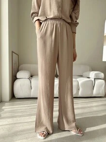 DAZY Bộ đồ mặc nhà công sở trơn màu dành cho nữ (2 món) - Màu Khaki - Xem 7