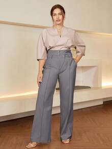Plus Size Suit Pants Nút Túi màu trơn - Xám - Xem 3