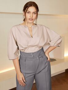 Plus Size Suit Pants Nút Túi màu trơn - Xám - Xem 6