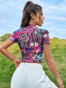 SHEIN EZwear Áo nữ Xù nhỏ cắt Đồ họa Lá thư Gợi cảm - Nhiều màu - Xem 2