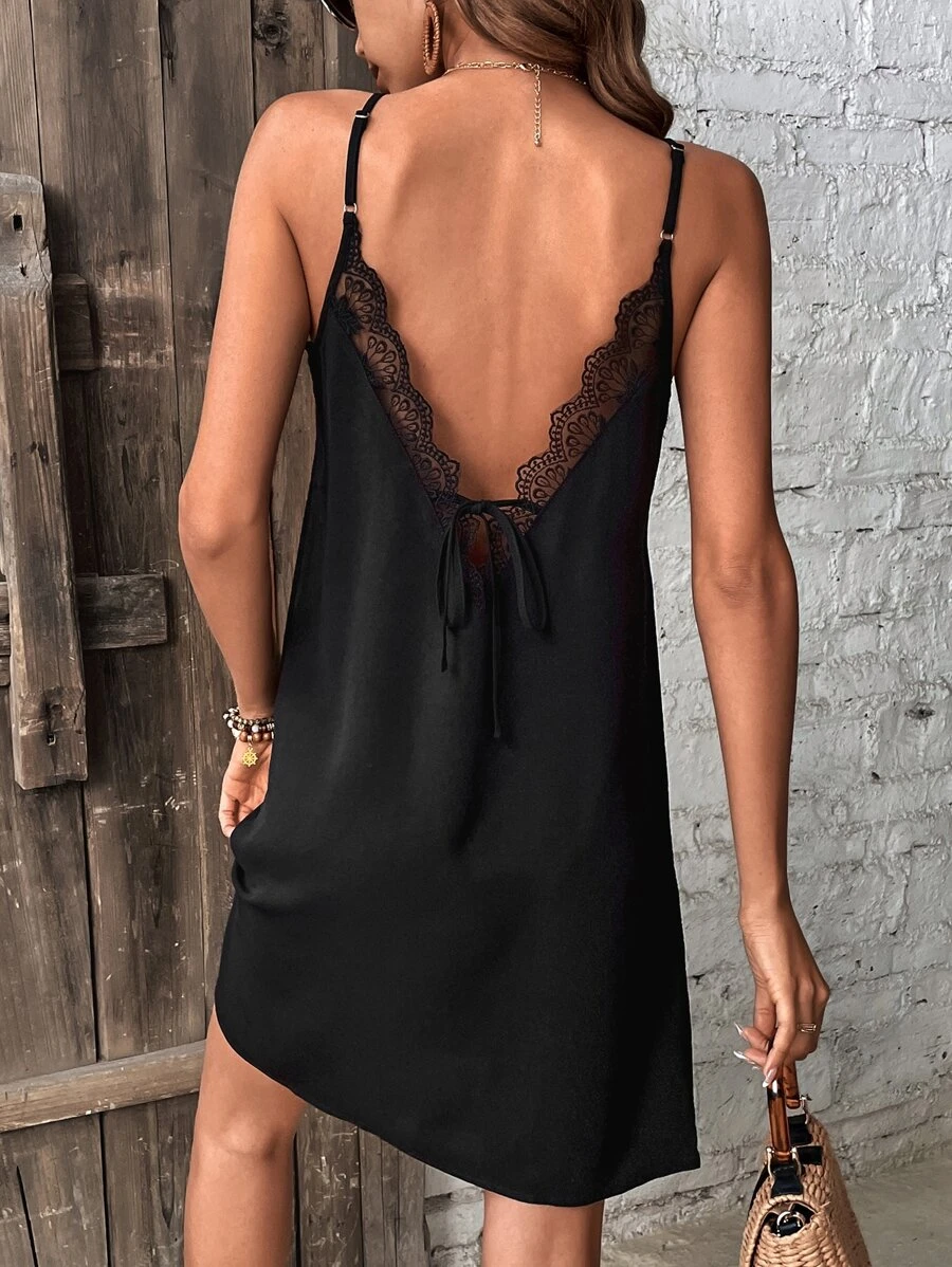 SHEIN Frenchy Contrast Lace Tie Backless Cami Dress - Black - View 1