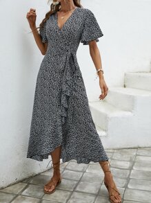 SHEIN VCAY 碎花側打結荷葉邊圍裹式連衣裙 - 黑色 - 查看 3