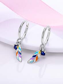 Cubic Zirconia Decor Feather Drop Earrings - Dark Green - View 2