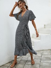 SHEIN VCAY 碎花側打結荷葉邊圍裹式連衣裙 - 黑色 - 查看 6