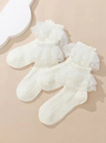 4雙小女童荷葉邊休閒短襪 - 米色 - 查看 3