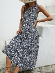 SHEIN VCAY 碎花無袖連衣裙 - 藍白色 - 查看 3