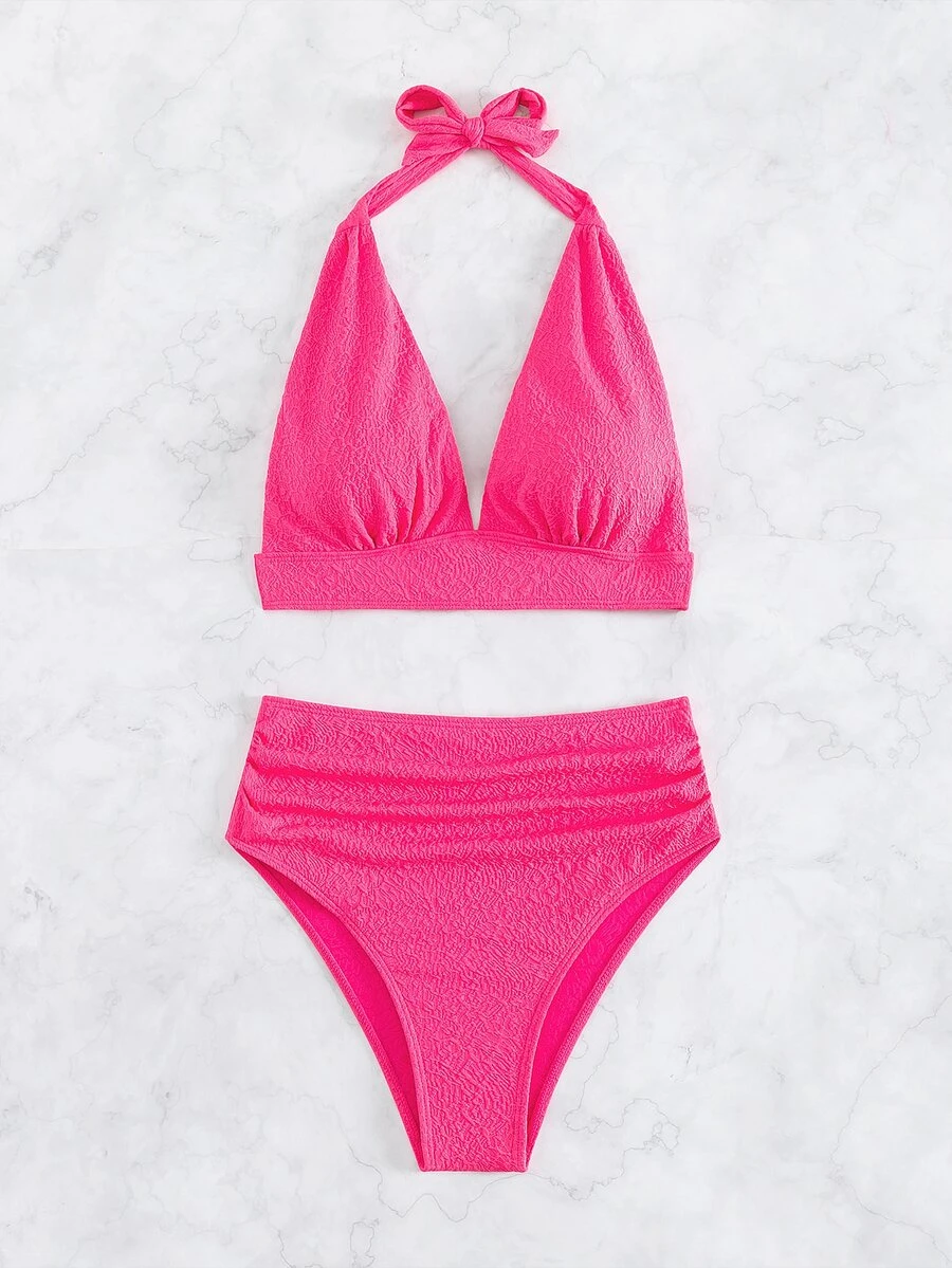 Plain Halter Bikini Set Summer Beach - Hot Pink - View 1
