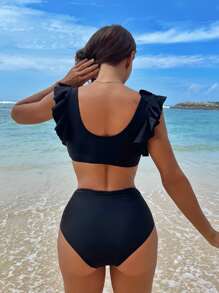 Ruffle Trim Ruched High Waisted Summer Beach Bikini Set - Black - View 2