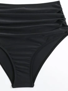 Ruffle Trim Ruched High Waisted Summer Beach Bikini Set - Black - View 5