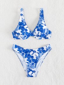 Floral Print Underwire Summer Beach Bikini Set - Blue and White - View 5