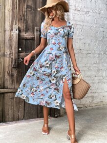 SHEIN VCAY Tropical Print Puff Sleeve Split Thigh Dress - Blue - View 3
