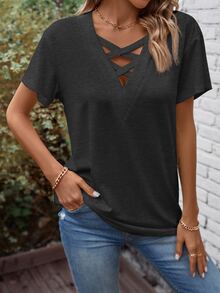 SHEIN LUNE Camiseta unicolor con tira cruzada delantera - Gris Oscuro - Ver 4