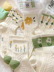 5pairs Women Floral Pattern Cute Crew Socks, For Daily Life - Green - View 2
