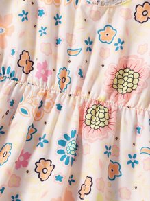 小女童印花蕾絲拼接泡泡袖連衣裙 - 杏色 - 查看 4