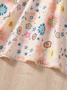 小女童印花蕾絲拼接泡泡袖連衣裙 - 杏色 - 查看 6