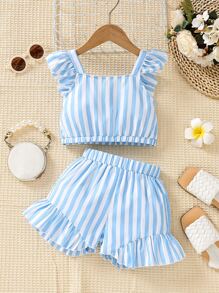 Niñas Shorts con top de rayas ribete con fruncido - Azul y blanco - Ver 1