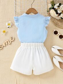 Top y shorts con ribete de volantes a rayas para niñas pequeñas - Azul y blanco - Ver 2