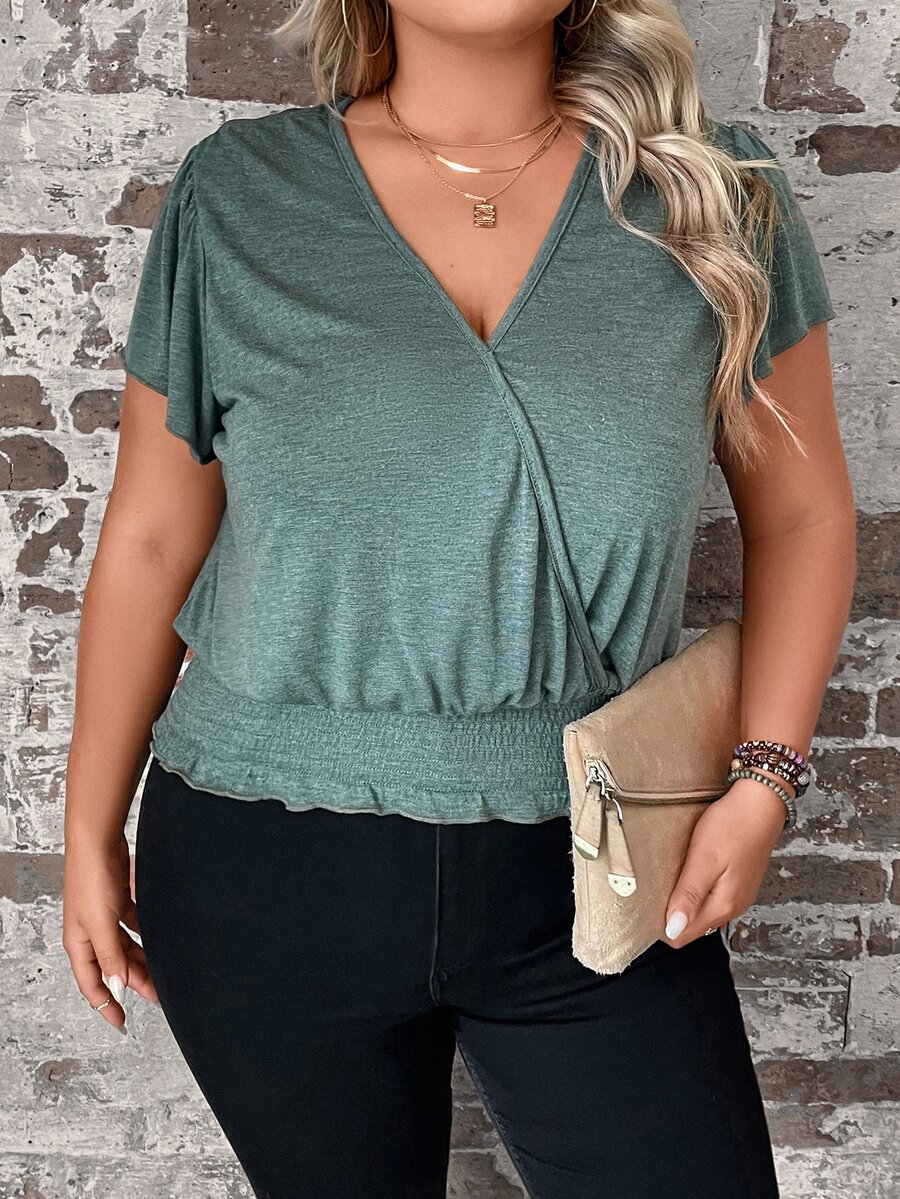 SHEIN LUNE Áo thun Plus size viền lá sen Trọn gói Dải chun màu trơn Giải trí - màu xanh lá - Xem 1