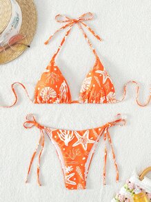 Conjunto de bikini de 2 piezas con sujetador de triángulo de escote halter y Bottom de atar a los lados con estampado de estrella de mar y vieira para playa de verano - Multicolor - Ver 1