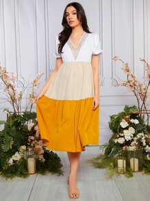 SHEIN Maternity Colorblock Puff Sleeve Ruffle Hem Dress - Multicolor - View 4