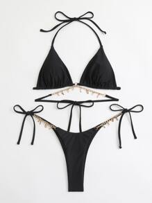 鏈結式露背泳衣三角比基尼套裝，適用於夏日沙灘 - 黑色 - 查看 7