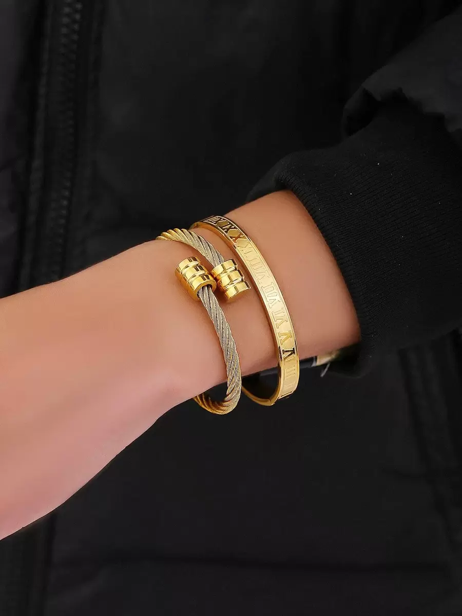 2pcs/set Men Roman Numeral Detail Bracelet, Stainless Steel Jewelry