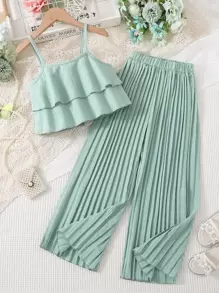 SHEIN Vintaside Kids 少女分層縫邊背心上衣和褶裥寬腿褲 - 綠色 - 查看 6