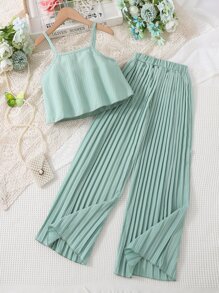 SHEIN Vintaside Kids 少女分層縫邊背心上衣和褶裥寬腿褲 - 綠色 - 查看 2