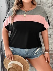 SHEIN LUNE Plus Colorblock T-shirt z rękawami typu nietoperz, lato