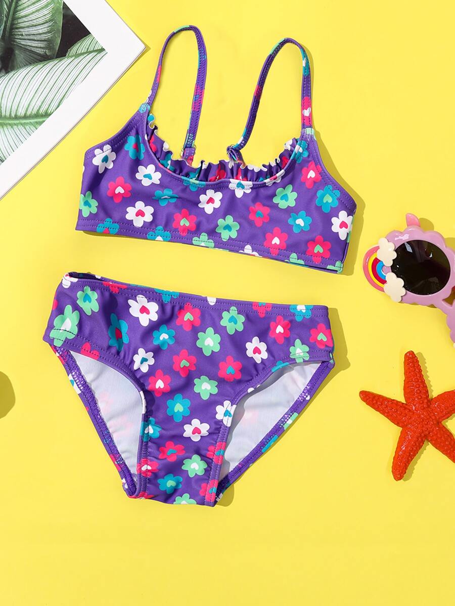年轻女孩花卉印花荷叶边比基尼套装夏季海滩 - 紫色 - 查看 1