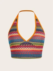 Soleia Áo khoác và áo lót dành cho xe tăng nữ Lộ Lưng Tương phản ràng buộc Hình học Boho - Màu Cam san hô - Xem 1