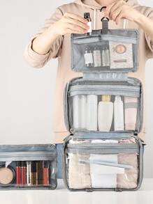 Large Hanging Toiletry Bag, Waterproof Foldable Handbag, Travel Cosmetic Bag, Razor Storage Bag, Women's Makeup Bag, School Supplies, College Dorm Essentials, Student Cruise Necessities, Summer Travel Must-Have, Beach Holiday Items, School Dorm Necessities, Back To School Supplies - Light Grey - View 2