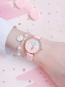 1入組女孩粉色PU聚氨酯錶帶可愛圓形錶盤石英手錶和1入組花飾鏈手鍊用於日常裝飾 - 粉色 - 查看 2
