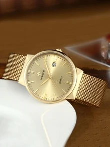 WWOOR 1入組男士金色不銹鋼錶帶商務日期圓形錶盤石英手錶適合日常生活 - 金色 - 查看 3