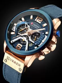 Curren 1pc Men Blue PU Polyurethane Strap Fashion Round Dial Date Quartz Watch, For Daily Decoration Father As A Gift For Students Returning To School