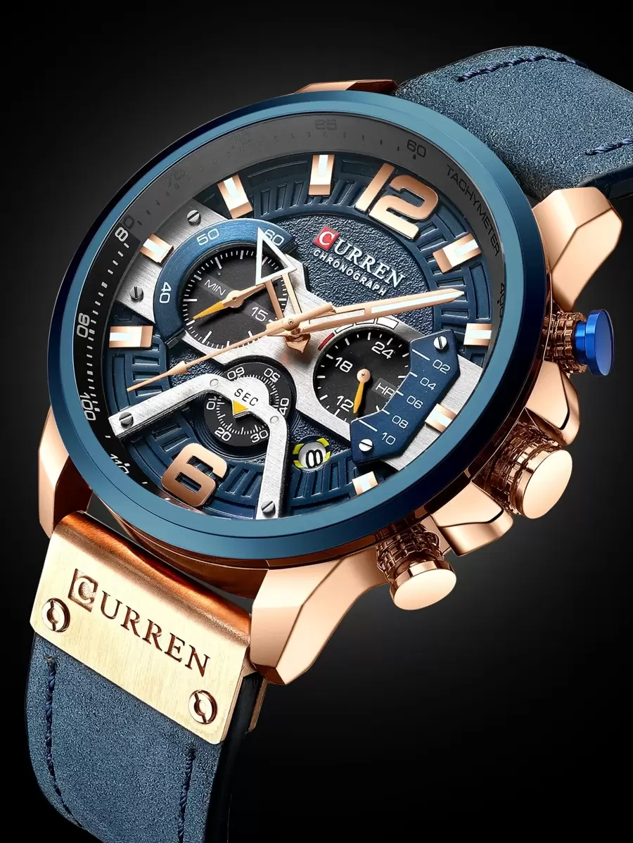 Curren 1pc Men Blue PU Polyurethane Strap Fashion Round Dial Date Quartz Watch, For Daily Decoration Father As A Gift For Students Returning To School