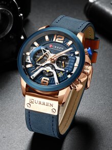 Curren 1pc Men Blue PU Polyurethane Strap Fashion Round Dial Date Quartz Watch, For Daily Decoration Father As A Gift For Students Returning To School