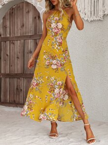 Breezaya Floral Print Split Thigh Halter Dress - Yellow - View 1