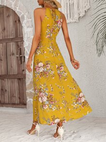 Breezaya Floral Print Split Thigh Halter Dress - Yellow - View 2