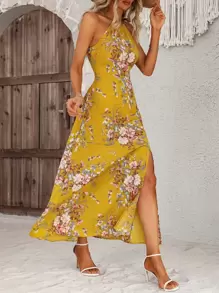Breezaya Floral Print Split Thigh Halter Dress - Yellow - View 3