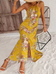 Breezaya Floral Print Split Thigh Halter Dress - Yellow - View 5