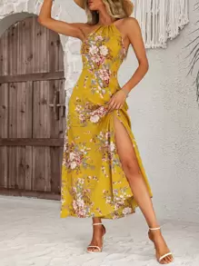 Breezaya Floral Print Split Thigh Halter Dress - Yellow - View 6