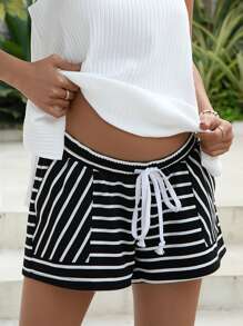 SHEIN Maternity Striped Drawstring Waist Shorts - Black and White - View 5