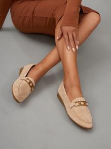 SheIn BIZ Chain Decor Loafer Flats - Beige - View 8